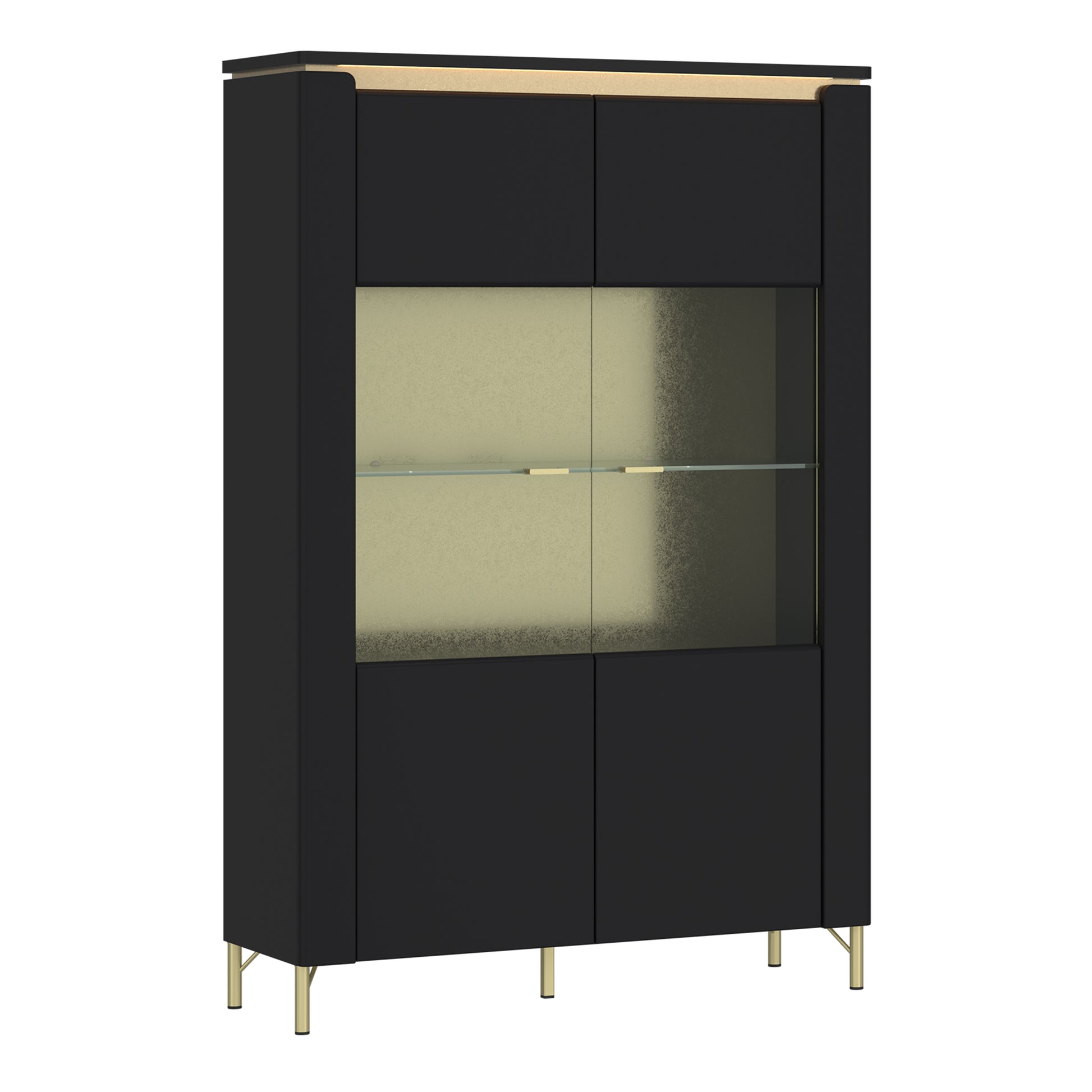 Wide black and gold display cabinet with two glass doors, tempered glass shelves, soft-close doors, and gold legs with LED lighting – Genoa Collection