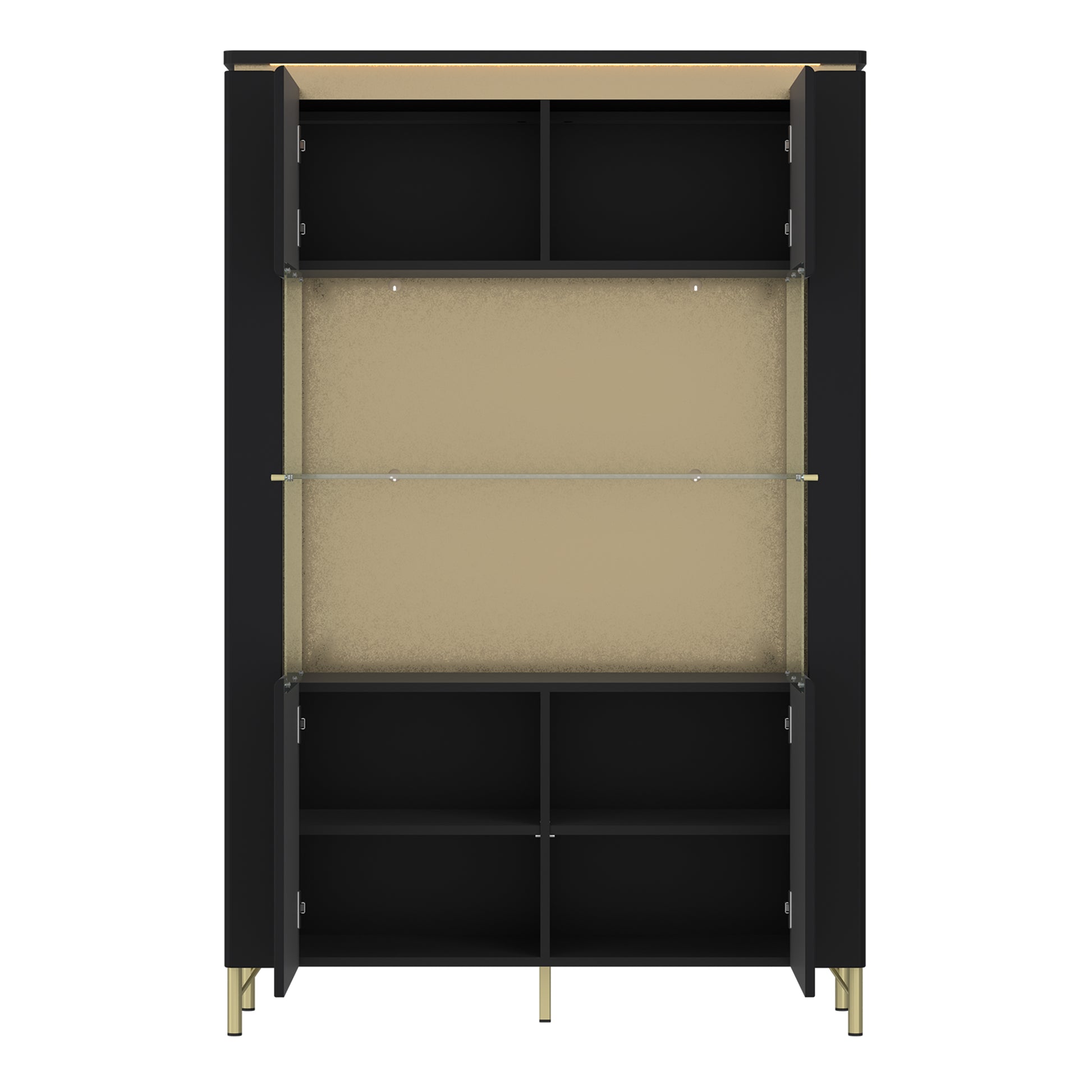 Wide black and gold display cabinet with two glass doors, tempered glass shelves, soft-close doors, and gold legs with LED lighting – Genoa Collection