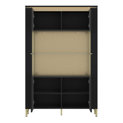 Wide black and gold display cabinet with two glass doors, tempered glass shelves, soft-close doors, and gold legs with LED lighting – Genoa Collection