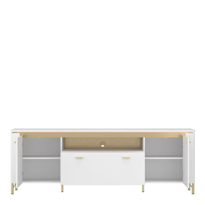 Lazio TV Cabinet 2 Door 1 Drawer – Alpine White High Gloss with Gold Legs and LED Lighting