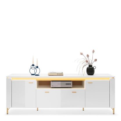 Lazio TV Cabinet 2 Door 1 Drawer – Alpine White High Gloss with Gold Legs and LED Lighting