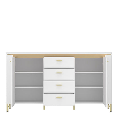 Modern Lazio Sideboard 2 Door 4 Drawer – Alpine White High Gloss with Gold Accents and LED Lighting