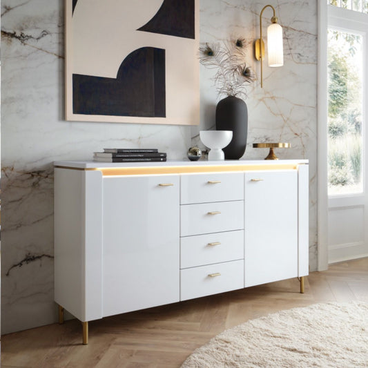 Lazio Sideboard 2 Door 4 Drawer in Alpine White Gloss with gold metal legs and LED lights, modern luxury storage unit for living or dining room