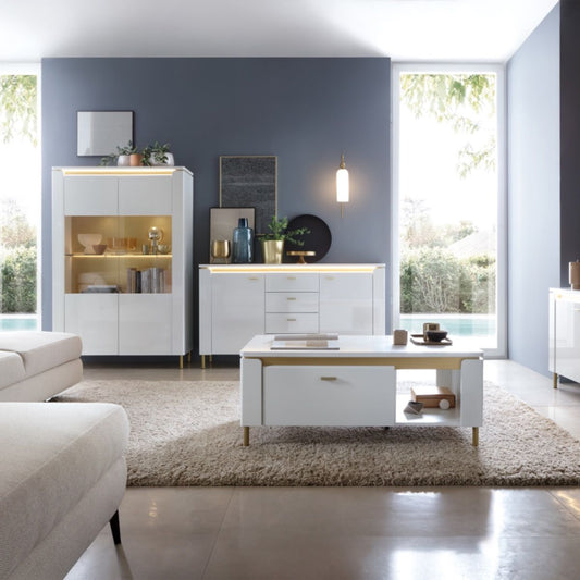 Lazio Display Cabinet with 2 Glass Doors in Alpine White Gloss finish, LED lighting, and gold metal accents, modern vitrin for living or dining room