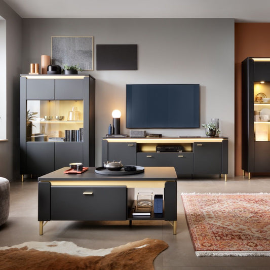 Genoa 2 Door Sideboard in Black Matt with Gold Accents – Modern Storage Cabinet with LED Lighting