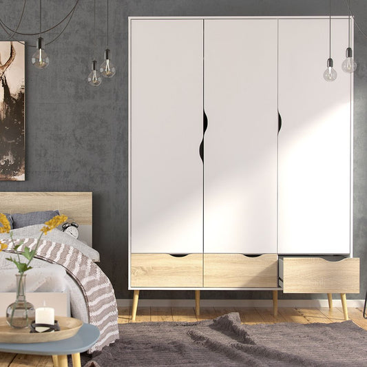 Oslo 3-Piece Bedroom Furniture Set – White & Oak | Wardrobe, Chest & Bedside Table