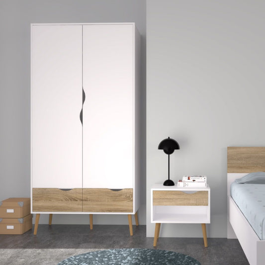 Scandinavian white and oak 3 piece bedroom furniture set including 2-door wardrobe and 2 bedside tables from the Oslo collection