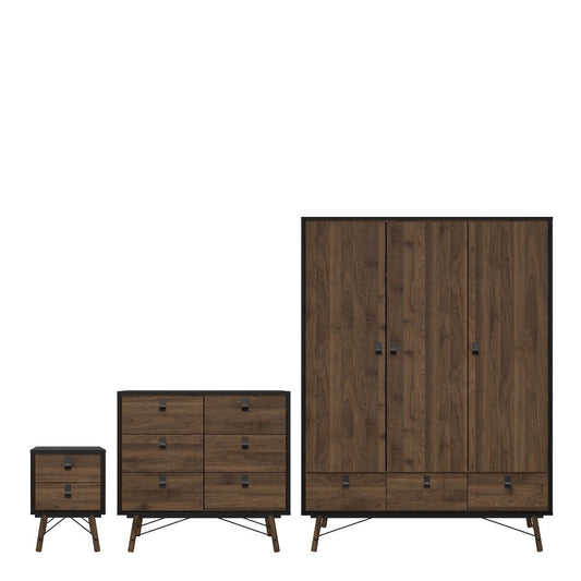 Ry 3-Piece Bedroom Furniture Set – Matt Black Walnut | Wardrobe, Chest & Bedside Cabinet