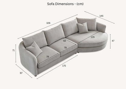 Aluxo Rubin Corner Chaise Sofa – Pebble Bouclé Fabric with Curved Modern Design