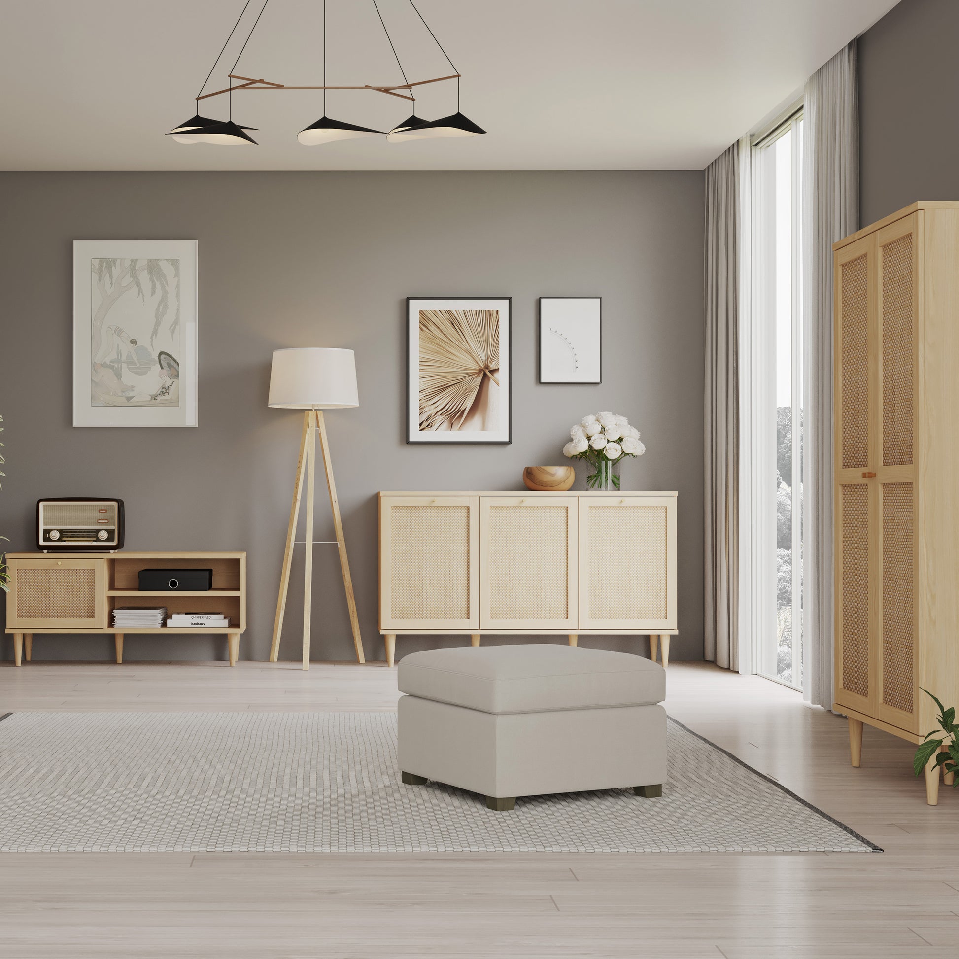 Calasetta 3 Door Sideboard – Rattan & Oak Effect Cabinet with Storage and Cable Management