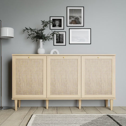 Calasetta 3 Door Sideboard – Rattan & Oak Effect Cabinet with Storage and Cable Management