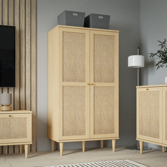 Calasetta 2 Door Display Cabinet – Tall Rattan & Oak Storage Unit with Adjustable Shelves