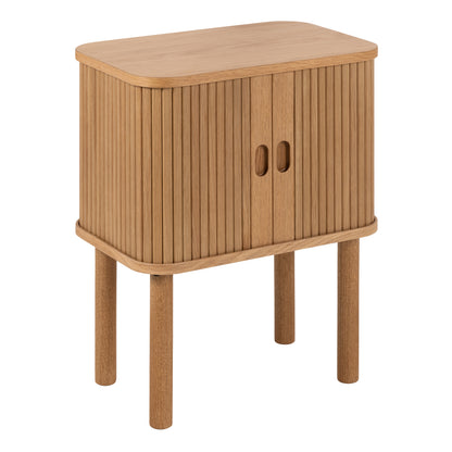 Modern oak bedside table with vertical slatted tambour doors, rounded corners, and compact square design, styled in a minimalist bedroom setting.