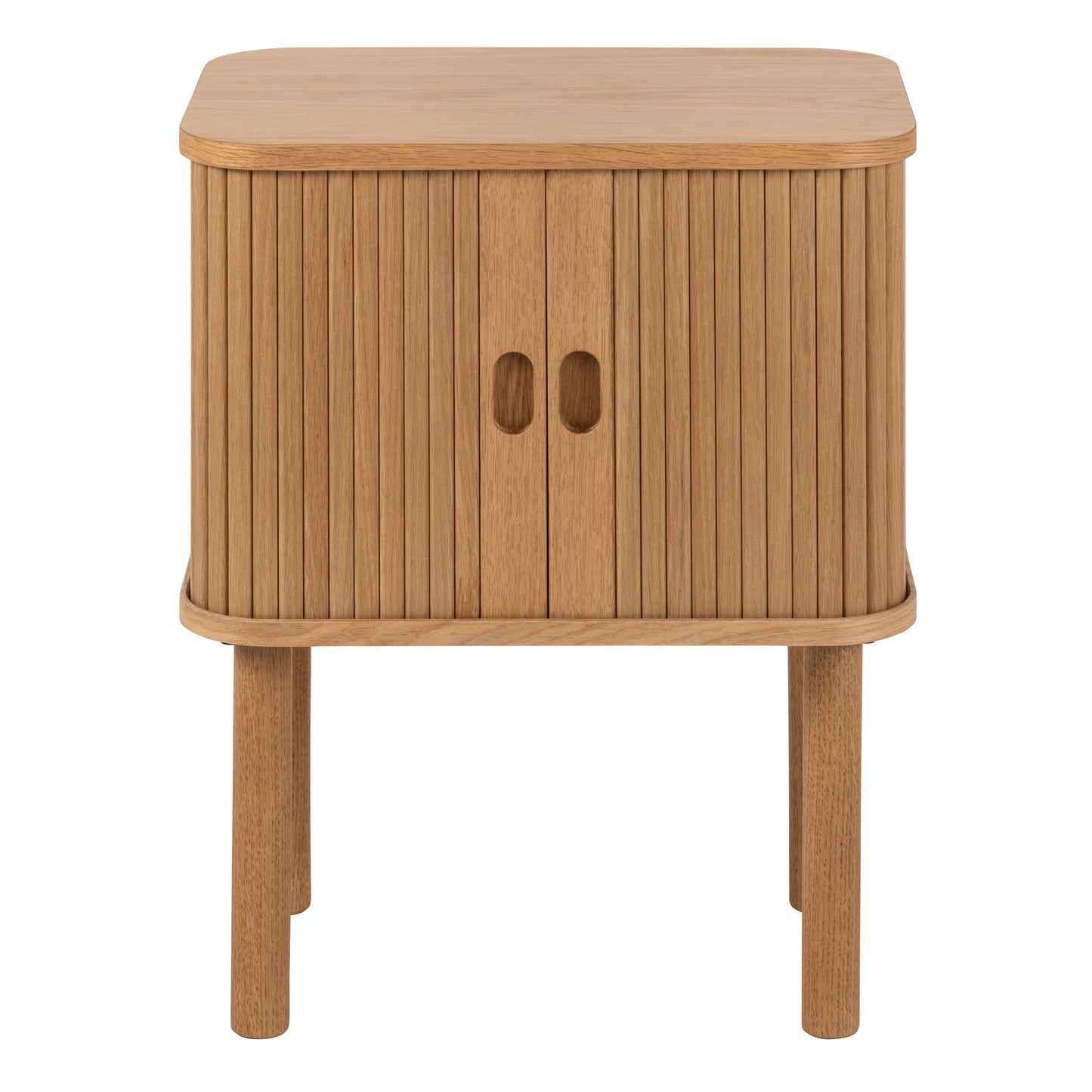 Modern oak bedside table with vertical slatted tambour doors, rounded corners, and compact square design, styled in a minimalist bedroom setting.