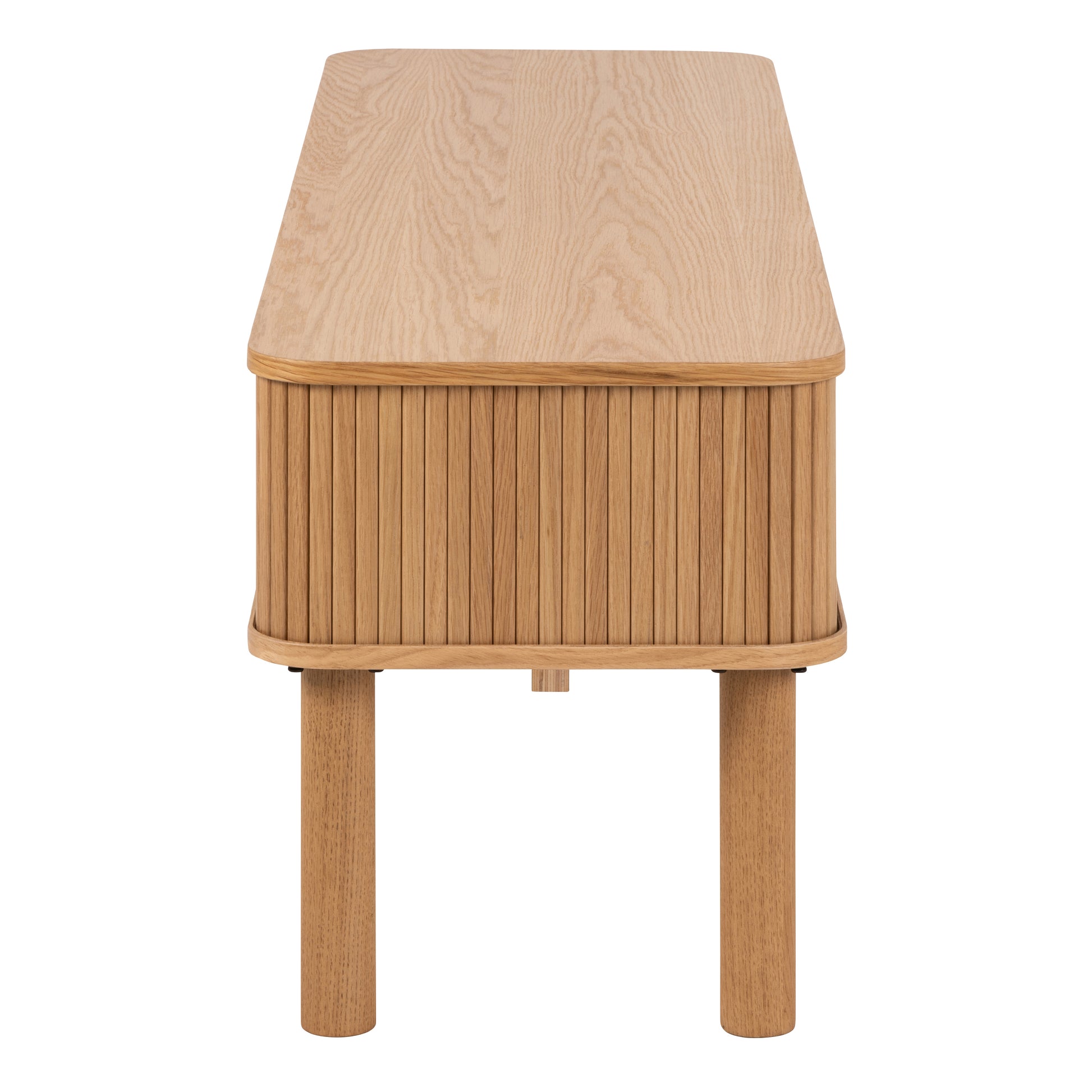 Langley ribbed oak TV unit with sliding tambour doors and rounded edges – modern media cabinet with Scandinavian design