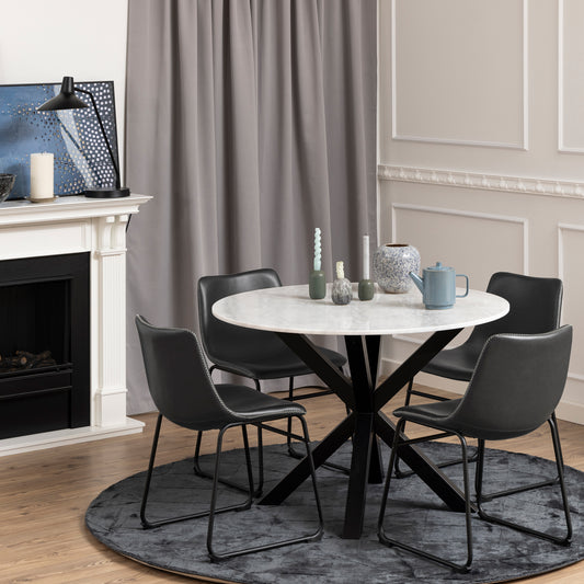 Heaven Round White Marble Dining Table with 4 I_Oregon Black Chairs