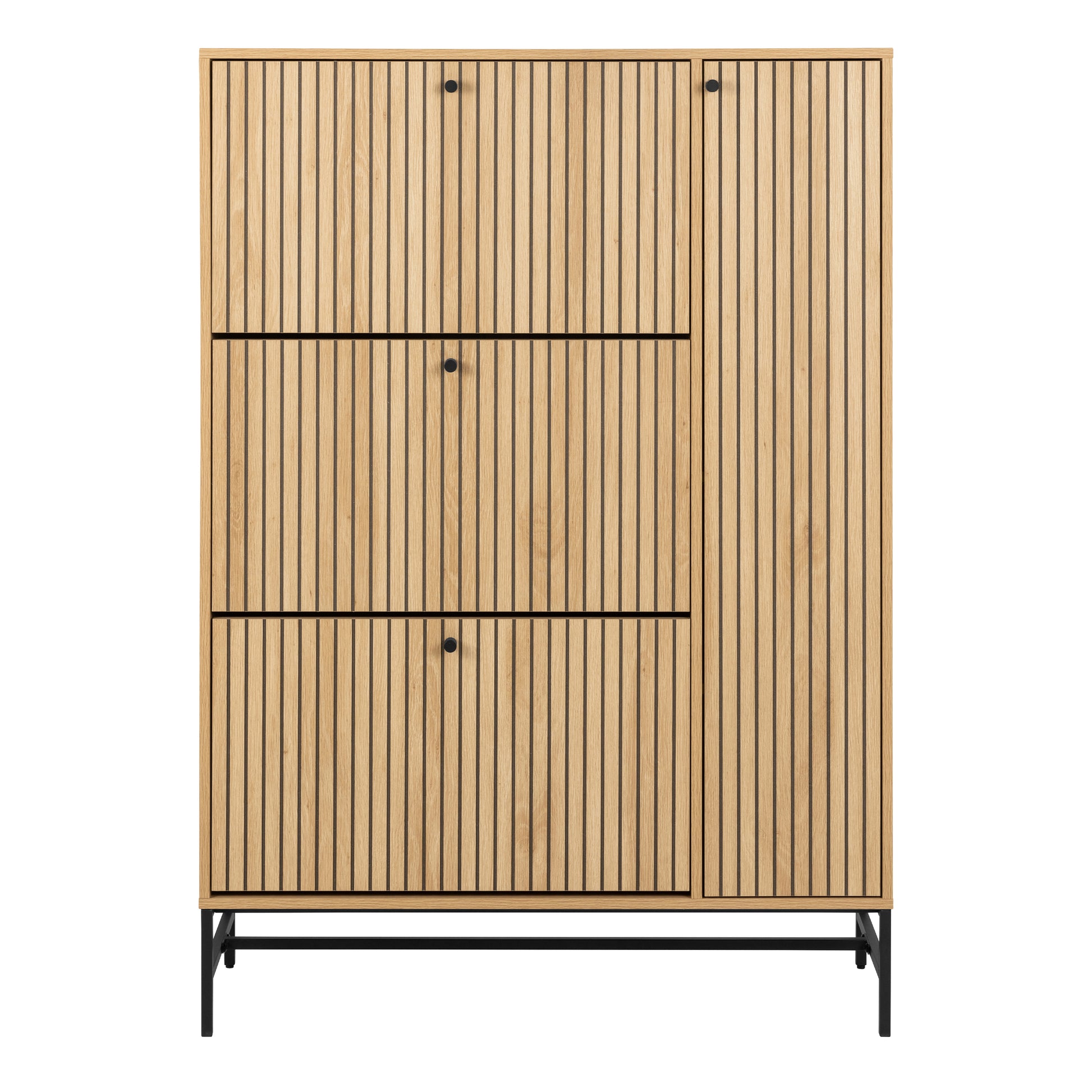 Modern oak shoe cabinet with black metal base, featuring 3 flip-down shoe compartments and a side cabinet with internal shelves, styled in a Scandinavian hallway.