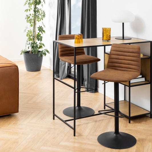 Kimmy bar stools in brown camel fabric with black steel base, featuring swivel, footrest and adjustable gas lift height – set of 2.