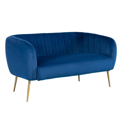 Modern teal velvet 2-seater sofa with vertical channel tufting and slim gold metal legs – stylish compact seating