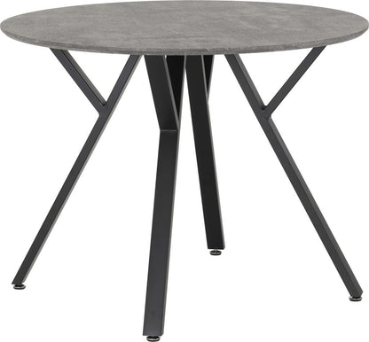 Athens round dining table with concrete effect top and 4 grey faux leather chairs – modern dining set with black metal legs