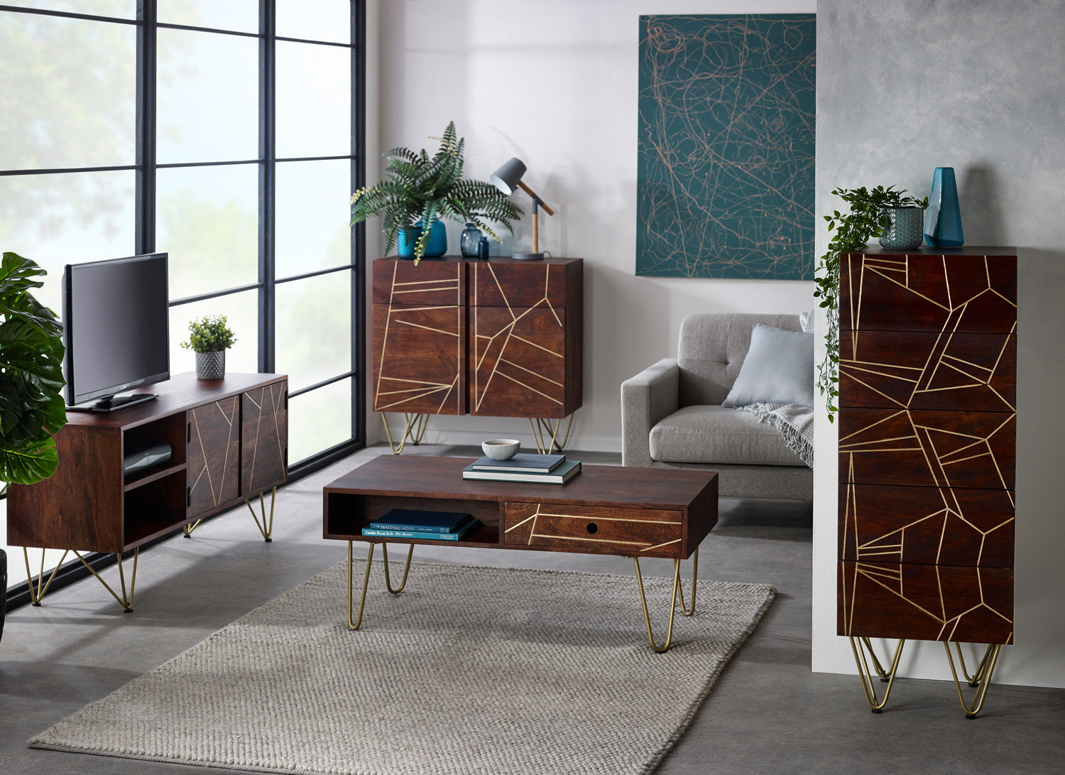 Modern living room with wooden furniture, TV, and decor