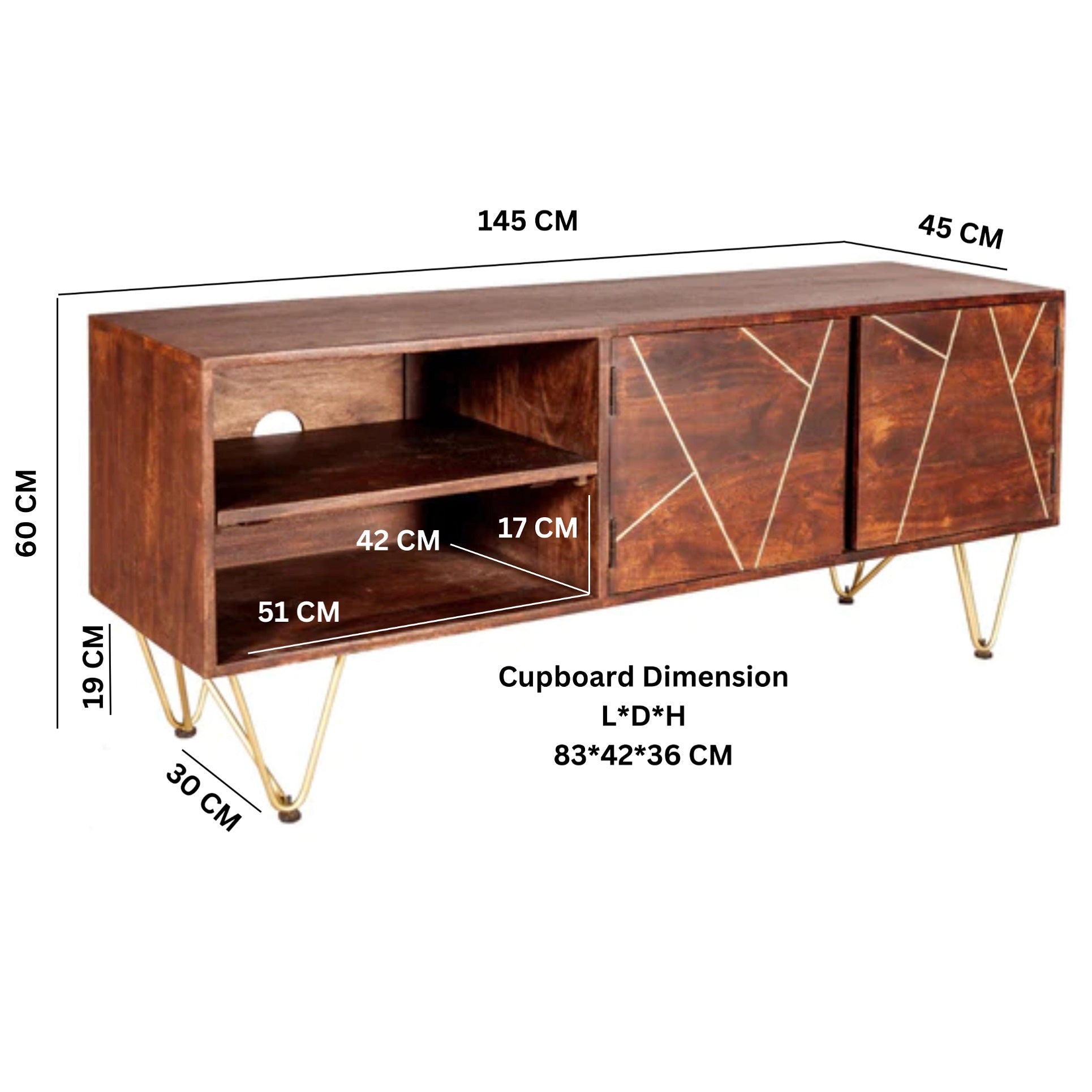Wooden cabinet with geometric design and dimensions labeled on a white background