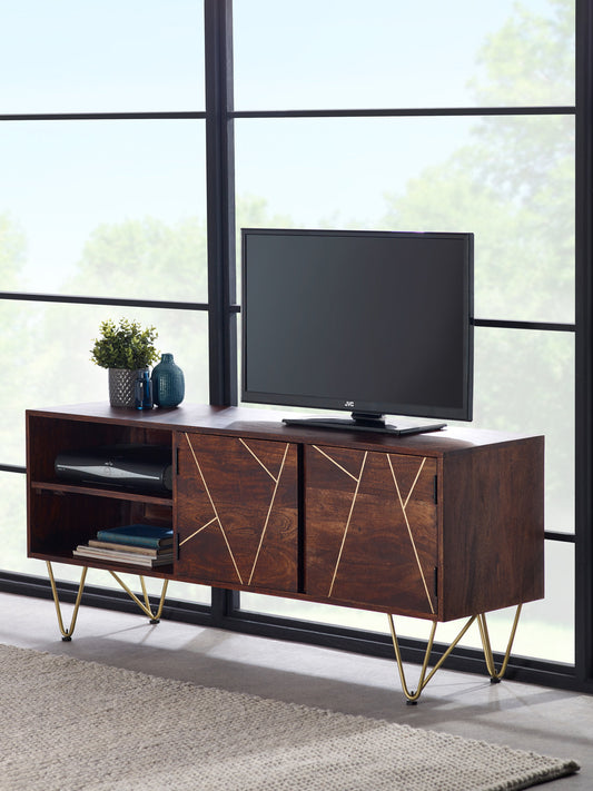 Dark Gold TV unit with sleek dark wood body, gold inlay, and open shelving styled in modern living room.