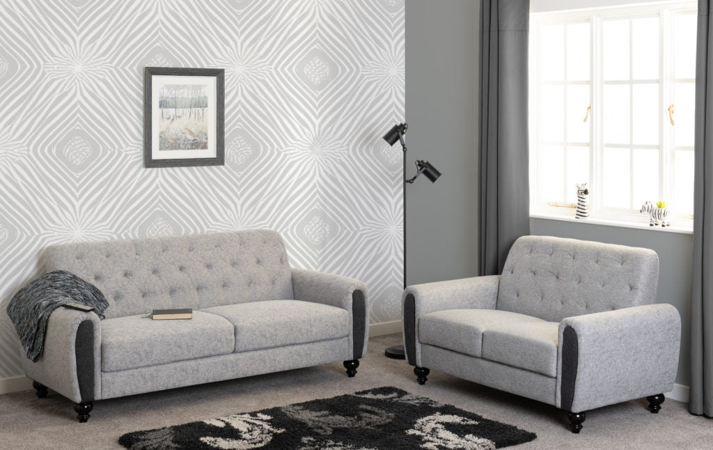 Chester 3+2 sofa set in light grey fabric with wooden feet – modern upholstered living room suite