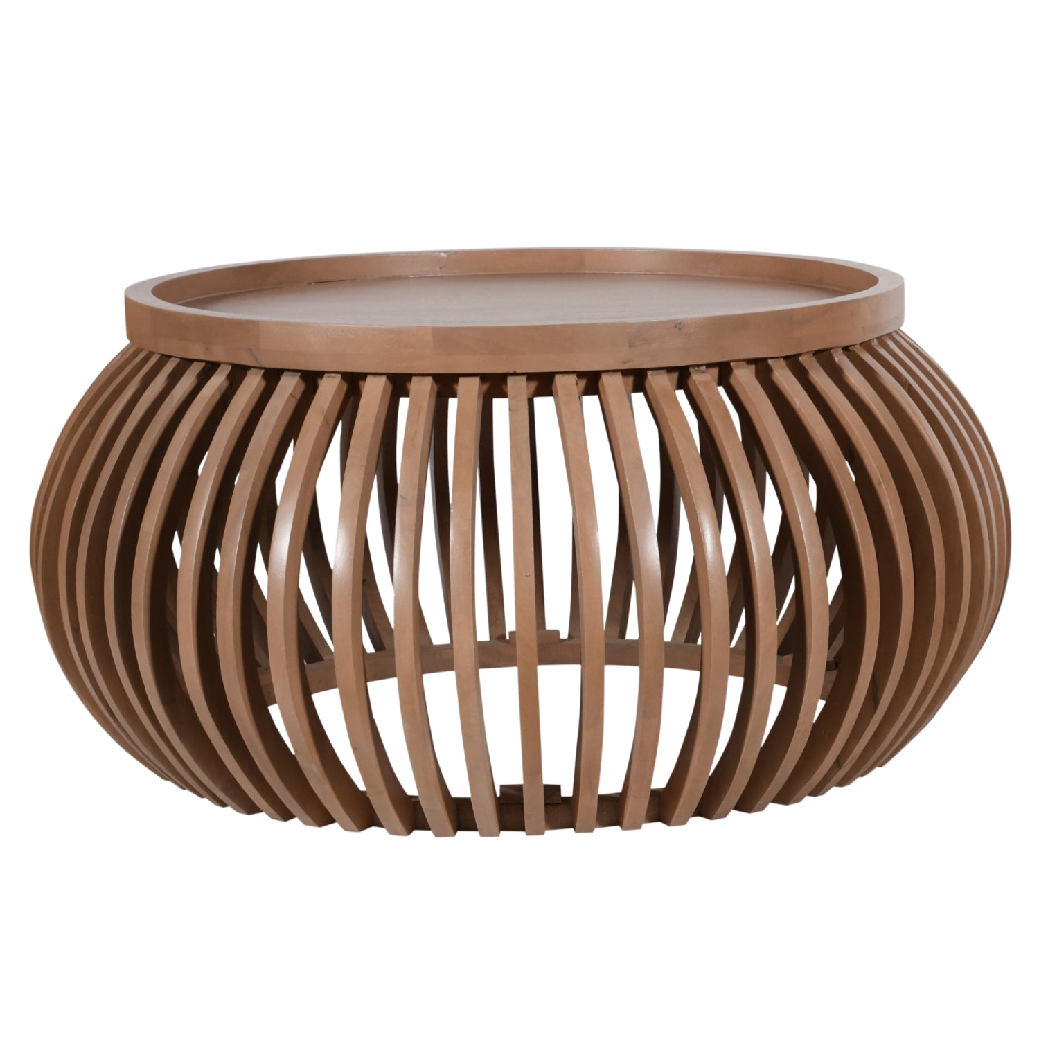 Indus small round coffee table in pale taupe mango wood with slatted design and built-in shelf, styled in a modern neutral-toned living room.