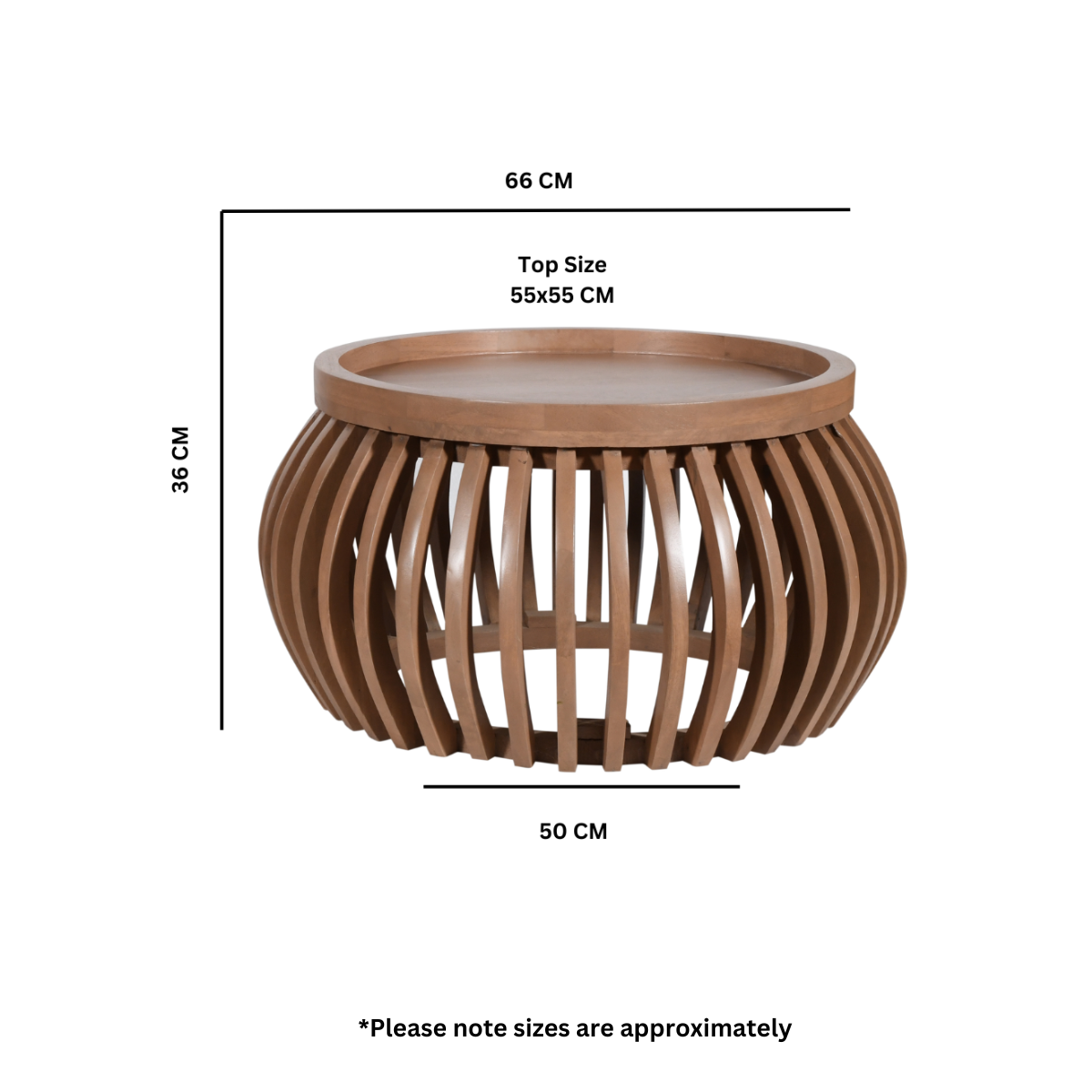 Indus small round coffee table in pale taupe mango wood with slatted design and built-in shelf, styled in a modern neutral-toned living room.