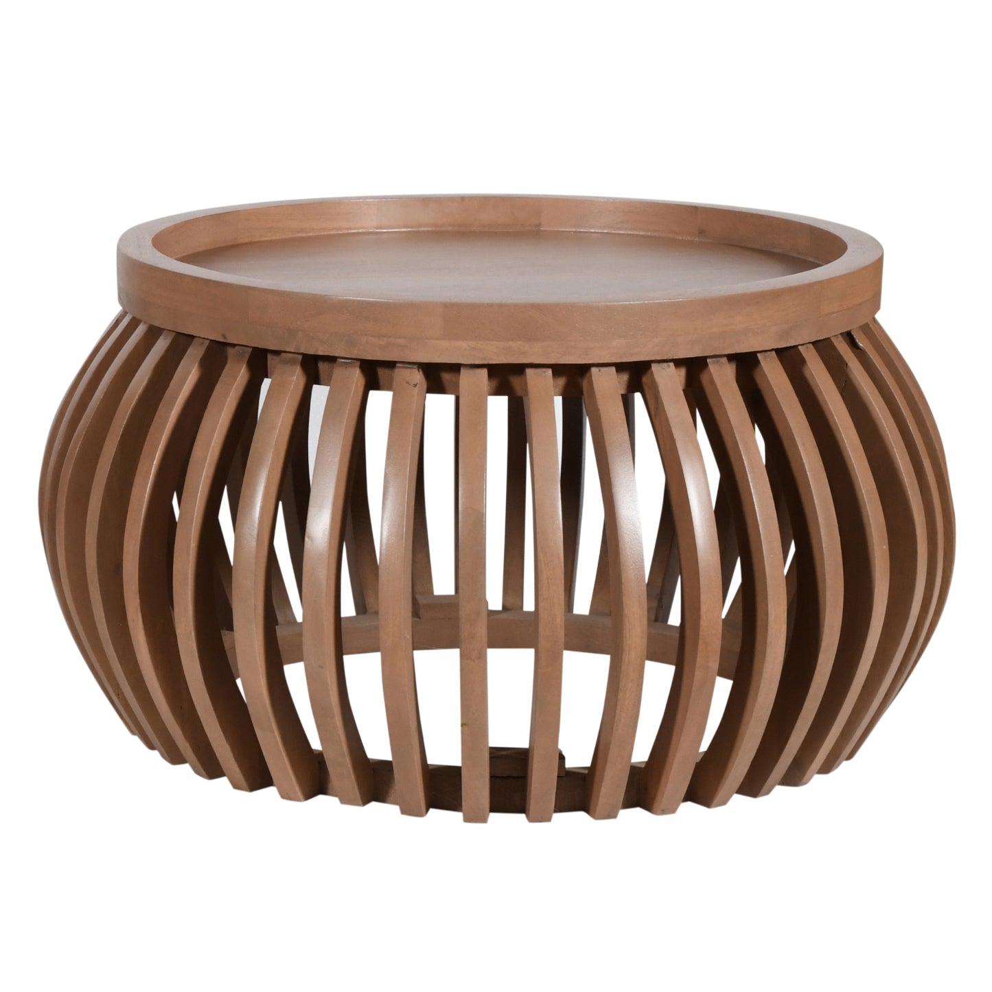 Indus small round coffee table in pale taupe mango wood with slatted design and built-in shelf, styled in a modern neutral-toned living room.