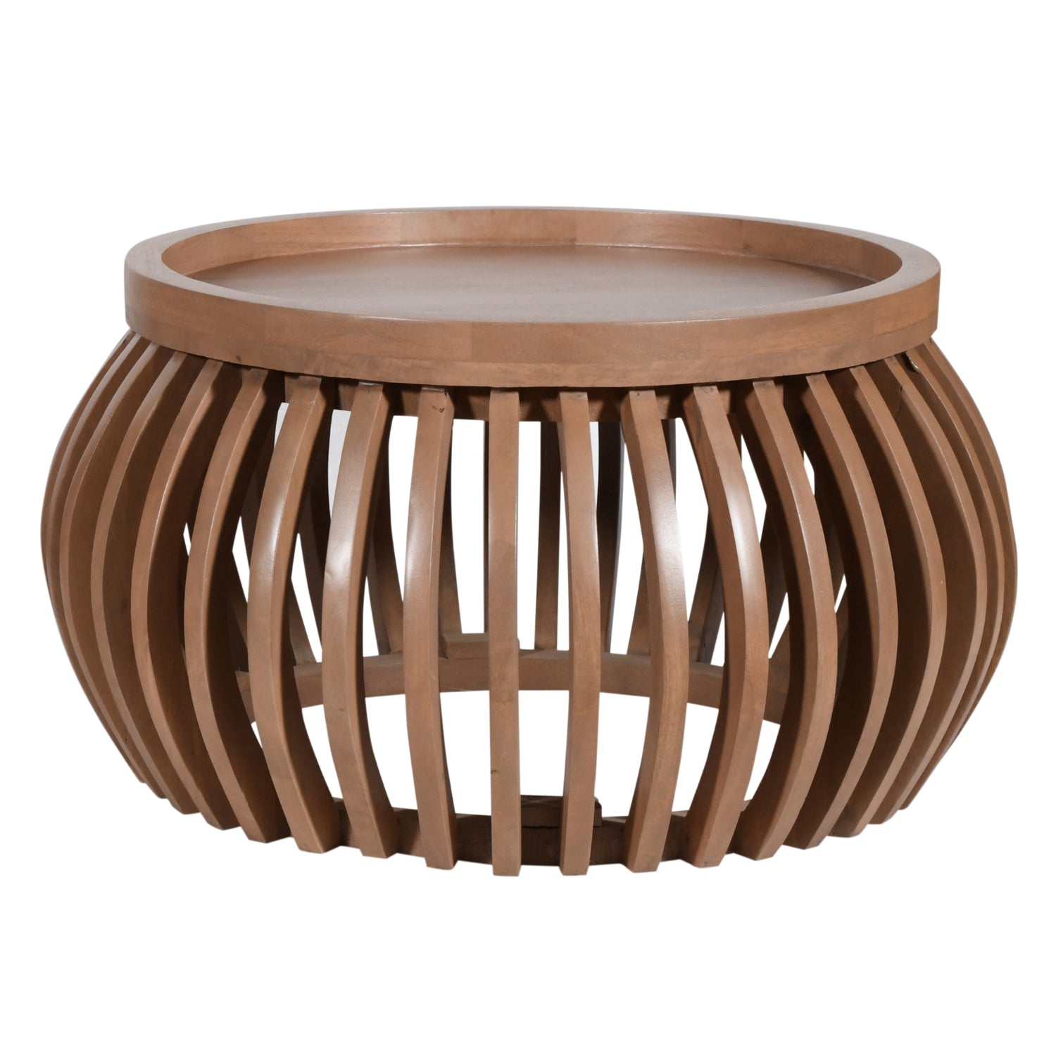 Indus small round coffee table in pale taupe mango wood with slatted design and built-in shelf, styled in a modern neutral-toned living room.