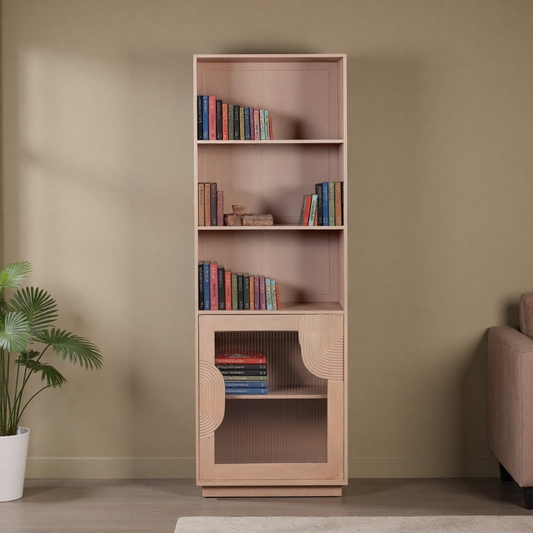 Indus tall bookcase made of solid mango wood with slatted sides and open shelving, featuring a natural finish and rustic design for modern interiors.