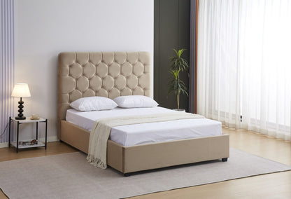 Maddison 4'6 Double Bed in Fawn Velvet with Deep Buttoned Headboard
