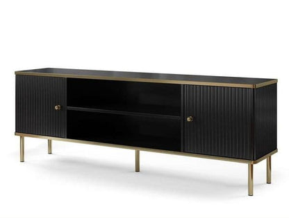 Side angle of luxurious black and gold media unit for modern interiors