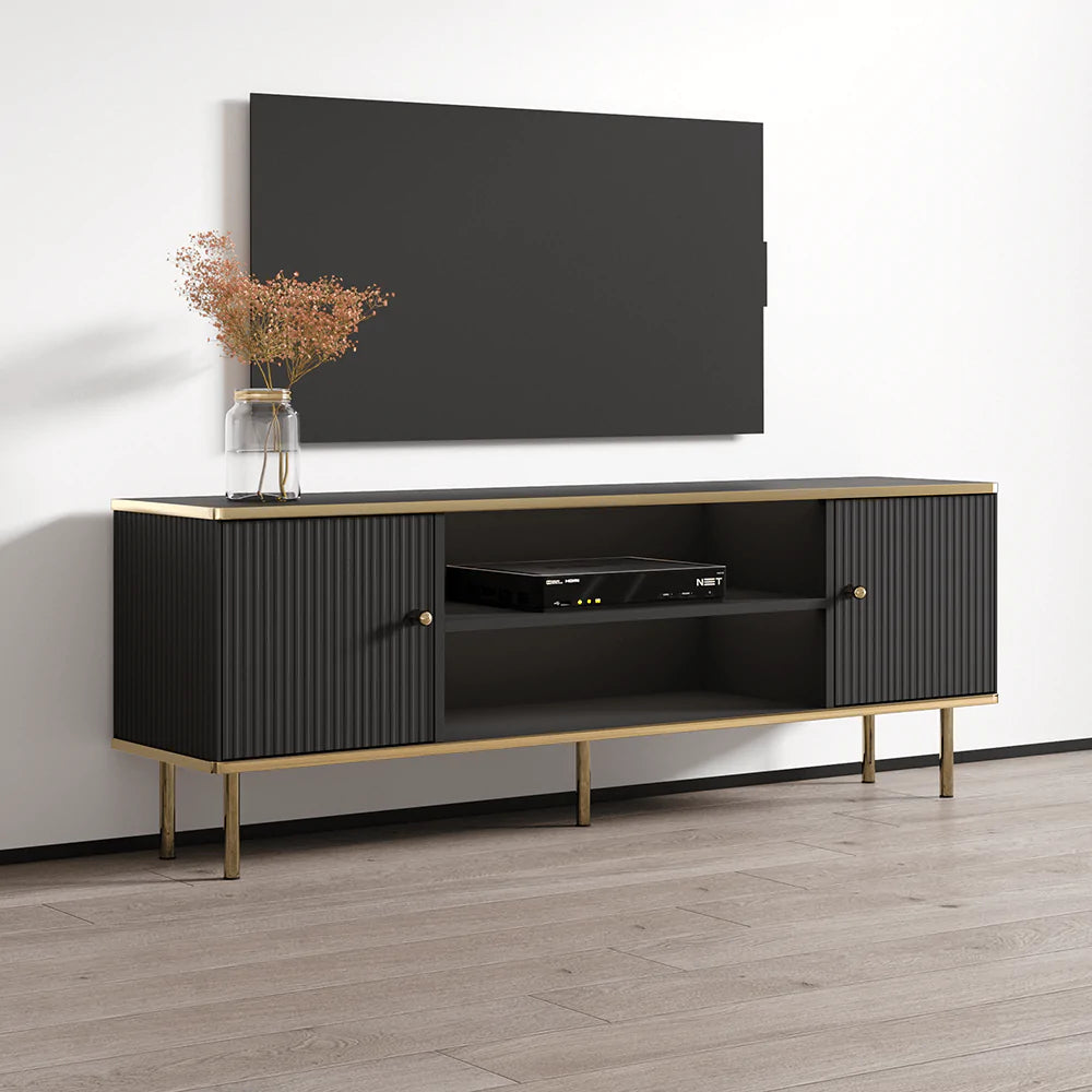 Maison TV stand with open shelf for media equipment and hidden storage
