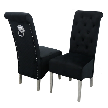 Emma Dining Chair in Cream Velvet – Chrome Lion Knocker, Quilted Back & Scroll Top