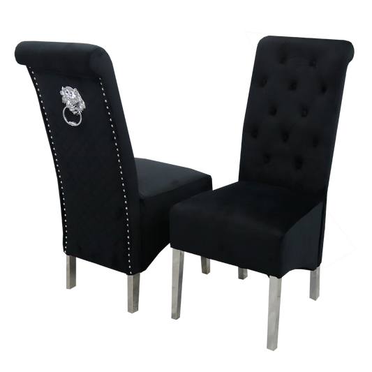 Emma Dining Chair in Cream Velvet – Chrome Lion Knocker, Quilted Back & Scroll Top