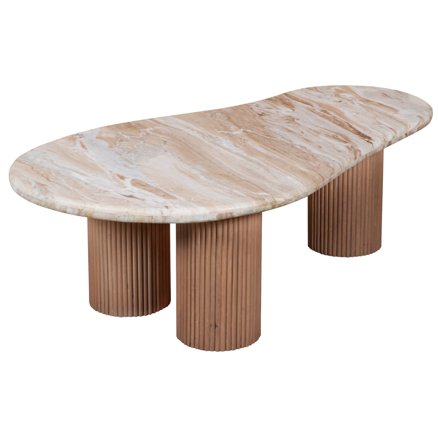 Ashford marble pedestal coffee table with natural stone top and ribbed taupe mango wood base, styled in a modern interior with warm neutral tones.