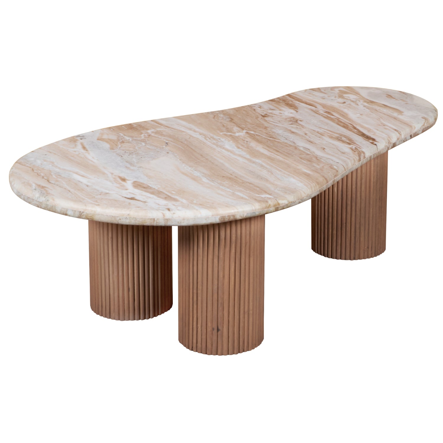 Ashford marble pedestal coffee table with natural stone top and ribbed taupe mango wood base, styled in a modern interior with warm neutral tones.