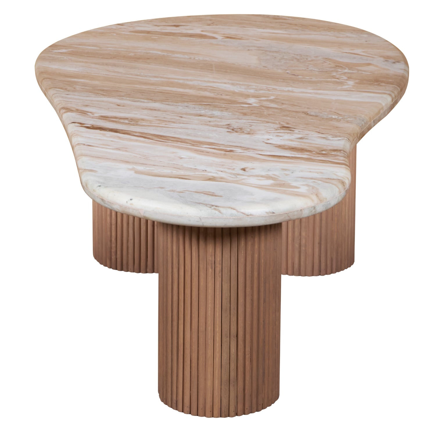 Ashford marble pedestal coffee table with natural stone top and ribbed taupe mango wood base, styled in a modern interior with warm neutral tones.