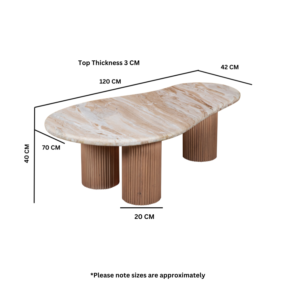 Ashford marble pedestal coffee table with natural stone top and ribbed taupe mango wood base, styled in a modern interior with warm neutral tones.