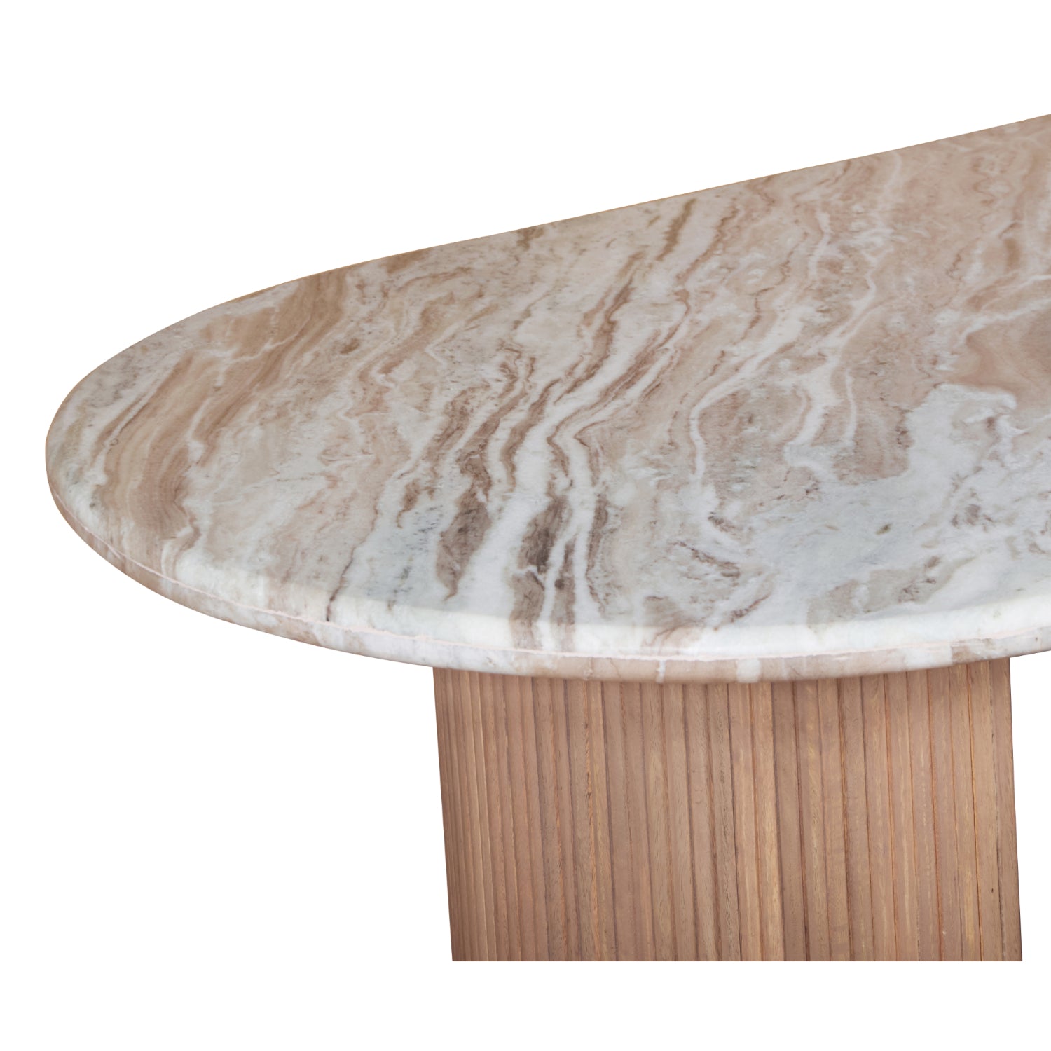 Ashford 6–8 seater dining table with natural marble top and fluted taupe mango wood pedestal base, ideal for modern or classic dining rooms.