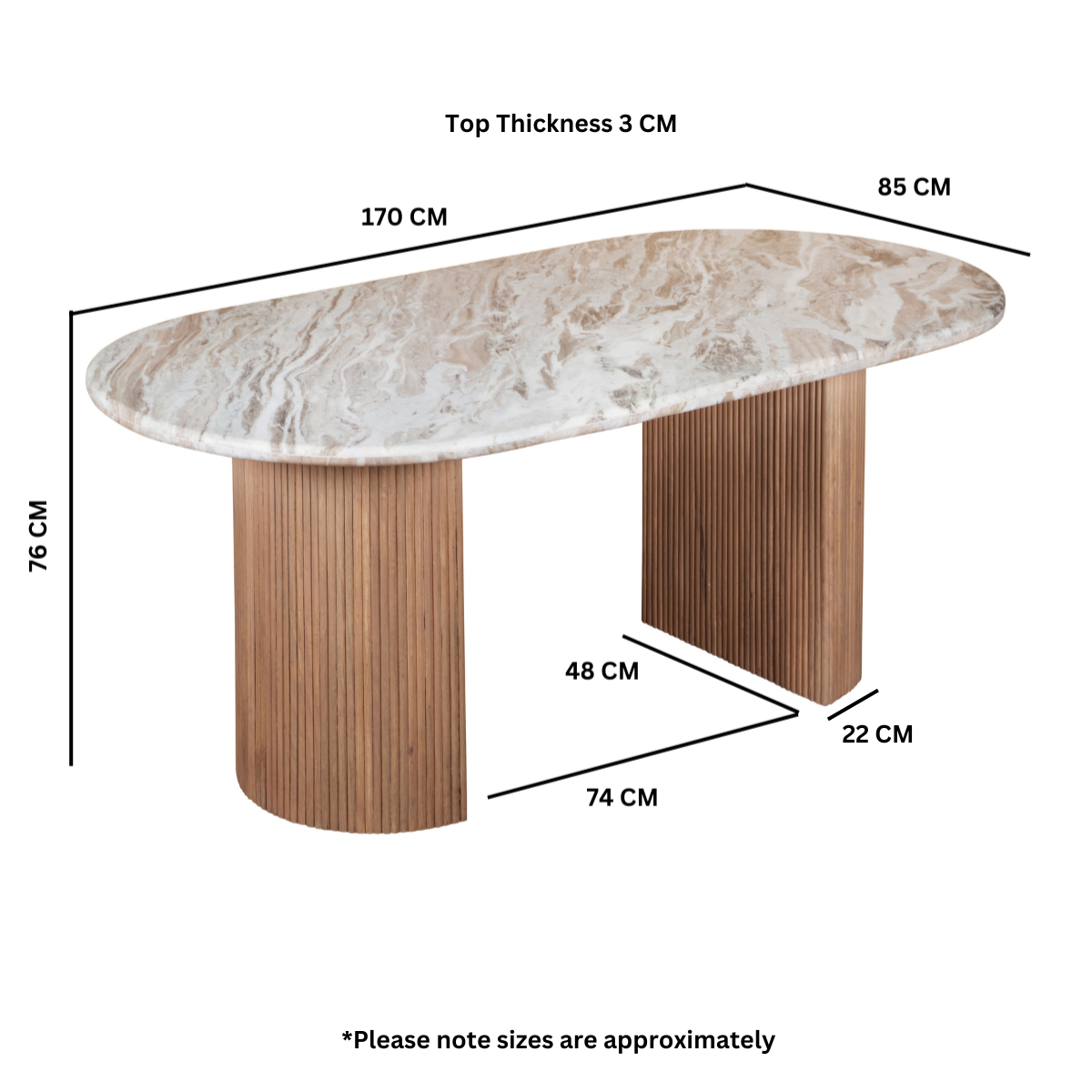 Ashford 6–8 seater dining table with natural marble top and fluted taupe mango wood pedestal base, ideal for modern or classic dining rooms.