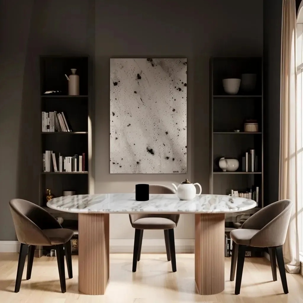 Ashford 6–8 seater dining table with natural marble top and fluted taupe mango wood pedestal base, ideal for modern or classic dining rooms.