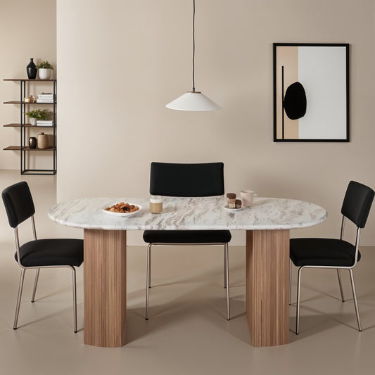 Ashford 6–8 seater dining table with natural marble top and fluted taupe mango wood pedestal base, ideal for modern or classic dining rooms.