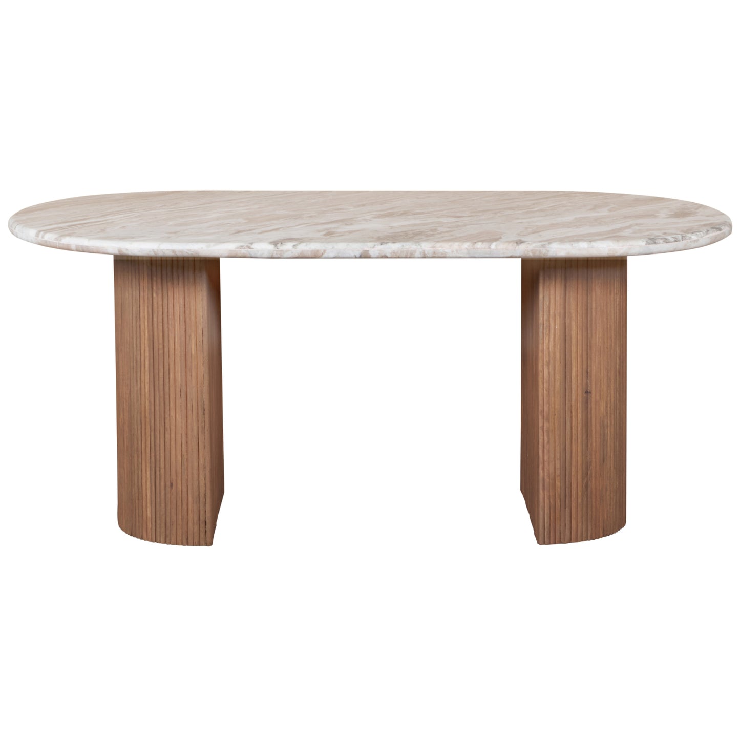 Ashford 6–8 seater dining table with natural marble top and fluted taupe mango wood pedestal base, ideal for modern or classic dining rooms.