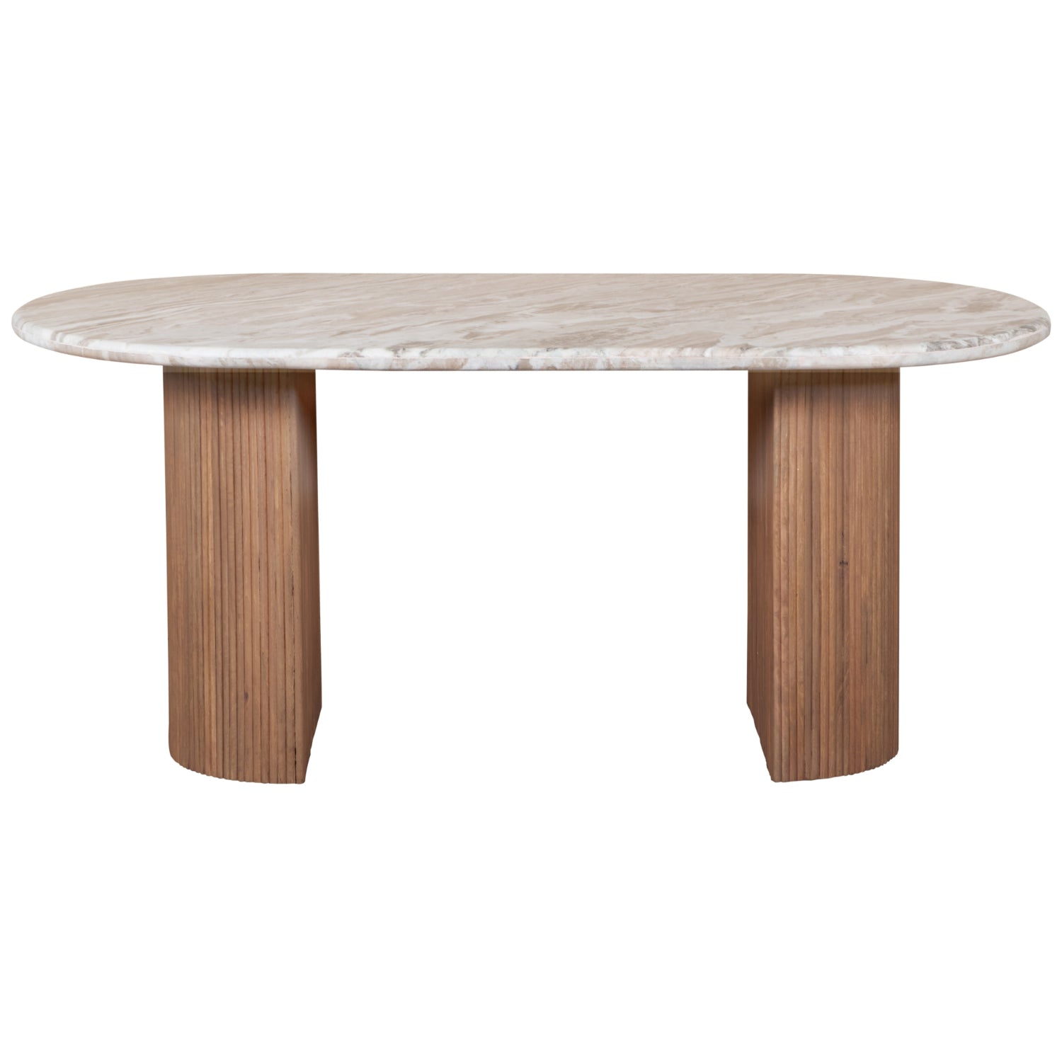 Ashford 6–8 seater dining table with natural marble top and fluted taupe mango wood pedestal base, ideal for modern or classic dining rooms.
