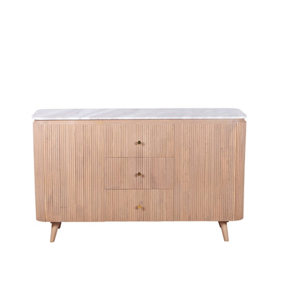 Luxury marble top sideboard in pale taupe mango wood with ribbed detailing and gold knobs, styled in a modern interior with neutral wall panelling and minimalist decor.