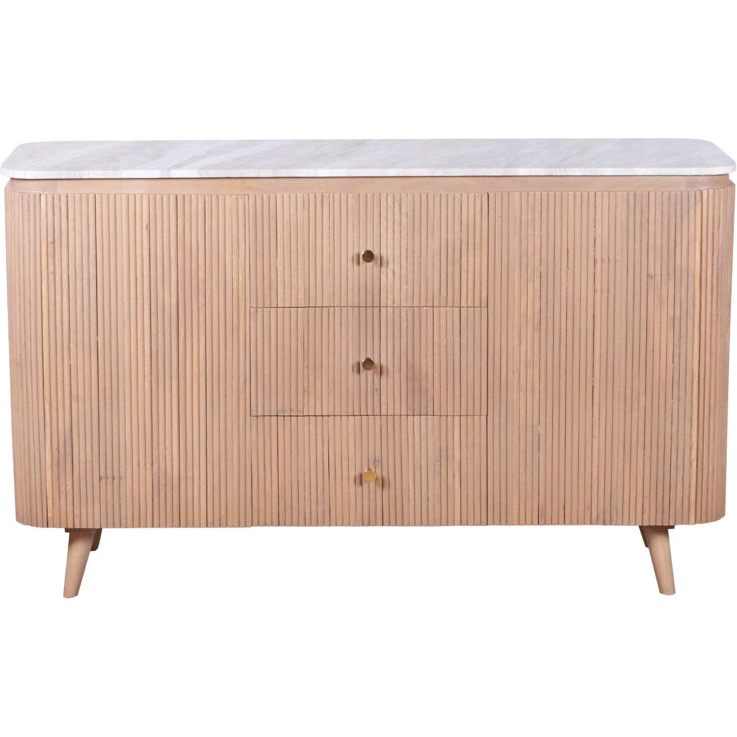 Luxury marble top sideboard in pale taupe mango wood with ribbed detailing and gold knobs, styled in a modern interior with neutral wall panelling and minimalist decor.